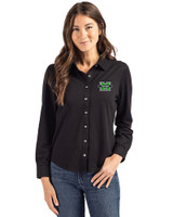 Marshall Thundering Herd Cutter & Buck Advantage Tri-Blend Eco Soft Pique Long Sleeve Knitted Womens Button Up Black Front
