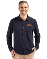 Pepperdine Waves Cutter & Buck Advantage Tri-Blend Eco Soft Pique Long Sleeve Knitted Mens Button Up Liberty Navy Front