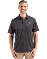 Washington Huskies Cutter & Buck Pike Eco Shadow Check Print Recycled Mens Polo Black Front