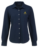 University of Notre Dame: For Good Cutter & Buck Advantage Recycled Cotton-Blend Pique Womens Long Sleeve Button Down Shirt Liberty Navy Mannequin