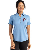 Philadelphia Phillies Cooperstown Cutter & Buck Forge Eco Stretch Recycled Womens Short Sleeve Polo Dark Atlas Heather Front