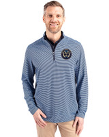 Philadelphia Union Cutter & Buck Virtue Eco Pique Micro Stripe Recycled Mens Quarter Zip Atlas/Navy Blue Front
