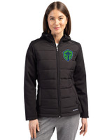 Seattle Sounders FC Cutter & Buck Evoke Hybrid Softshell Recycled Full Zip Womens Hooded Jacket Black Front