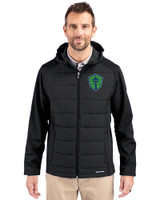 Seattle Sounders FC Cutter & Buck Evoke Hybrid Softshell Recycled Full Zip Mens Hooded Jacket Black Front