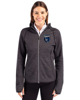 San Jose Earthquakes Cutter & Buck Mainsail Sweater-Knit Womens Full Zip Hooded Jacket Charcoal Heather Front