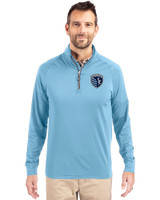 Sporting Kansas City Cutter & Buck Adapt Eco Knit Stretch Recycled Mens Quarter Zip Pullover Atlas Light Blue Front