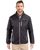 San Jose Earthquakes Cutter & Buck Rainier PrimaLoft® Mens Eco Insulated Full Zip Puffer Jacket Black Front