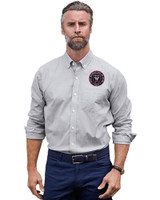 Inter Miami CF Cutter & Buck Stretch Oxford Stripe Mens Long Sleeve Dress Shirt Charcoal Front