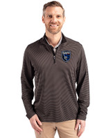 San Jose Earthquakes Cutter & Buck Virtue Eco Pique Micro Stripe Recycled Mens Quarter Zip Black/Elemental Grey Front