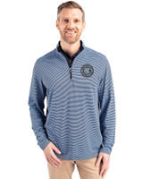 New York City FC Cutter & Buck Virtue Eco Pique Micro Stripe Recycled Mens Quarter Zip Atlas/Navy Blue Front