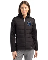 San Jose Earthquakes Cutter & Buck Evoke Hybrid Softshell Recycled Full Zip Womens Hooded Jacket Black Front