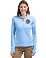 New York City FC Cutter & Buck Traverse Stretch Eco Quarter Zip Womens Pullover Atlas Light Blue Front