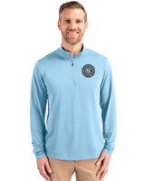 New York City FC Cutter & Buck Virtue Eco Pique Recycled Quarter Zip Mens Pullover Atlas Light Blue Front