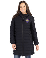 Orlando City SC Cutter & Buck Mission Ridge Repreve Eco Insulated Womens Long Puffer Jacket Black Front