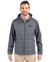 Vancouver Whitecaps FC Cutter & Buck Evoke Hybrid Eco Softshell Recycled Full Zip Mens Big & Tall Hooded Jacket Elemental Grey Front