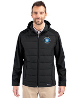Charlotte FC Cutter & Buck Evoke Hybrid Eco Softshell Recycled Full Zip Mens Big & Tall Hooded Jacket Black Front