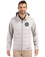 New York City FC Cutter & Buck Evoke Hybrid Softshell Recycled Full Zip Mens Hooded Jacket CONCRETE Front