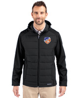 FC Cincinnati Cutter & Buck Evoke Hybrid Softshell Recycled Full Zip Mens Hooded Jacket Black Front