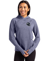 Seattle Seahawks NFL Helmet Cutter & Buck Adapt Knit Recycled Womens Heathered Hooded Pullover Navy Blue Heather Front