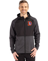 Denver Broncos Historic Cutter & Buck Peshastin Fleece Recycled Mens Hybrid Jacket Black Heather Front