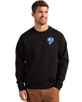 Los Angeles Rams Historic Cutter & Buck Roam Recycled Buttery-Soft Knit Mens Crew Neck Pullover Black Front