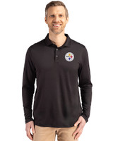 Pittsburgh Steelers Cutter & Buck Coastline Recycled Double Peached Mens Long Sleeve Polo Black Front