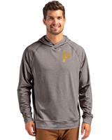 Pittsburgh Pirates Cutter & Buck Adapt Knit Recycled Mens Heathered Hooded Pullover Black Heather Front