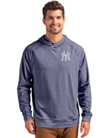 New York Yankees Cutter & Buck Adapt Knit Recycled Mens Heathered Hooded Pullover Navy Blue Heather Front