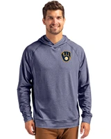 Milwaukee Brewers Cutter & Buck Adapt Recycled Soft Knit Stretch Mens Heathered Hooded Pullover Navy Blue Heather Front