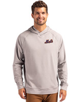 New York Mets Cooperstown Cutter & Buck Adapt Knit Recycled Mens Heathered Hooded Pullover Polished Heather Front