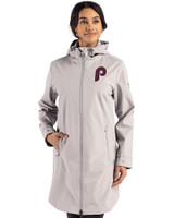 Philadelphia Phillies Cooperstown Cutter & Buck Camano Everyday Stretch Recycled Womens Water Resistant Jacket Polished Medium Gray Front