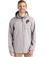 Philadelphia Phillies Cooperstown Cutter & Buck Camano Everyday Stretch Recycled Mens Water Resistant Jacket Polished Medium Gray Front