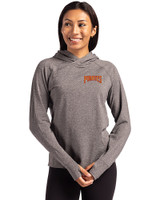 Pittsburgh Pirates Cooperstown Cutter & Buck Adapt Knit Recycled Womens Heathered Hooded Pullover Black Heather Front
