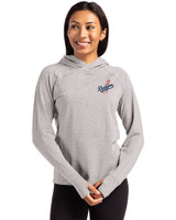 Los Angeles Dodgers Cooperstown Cutter & Buck Adapt Recycled Soft Knit Stretch Womens Hooded Pullover Polished Heather Front