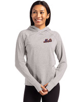 New York Mets Cooperstown Cutter & Buck Adapt Knit Recycled Womens Heathered Hooded Pullover Polished Heather Front
