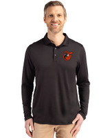 Baltimore Orioles Cooperstown Cutter & Buck Coastline Epic Comfort Recycled Mens Long Sleeve Polo Black Front