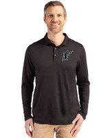 Miami Marlins Cooperstown Cutter & Buck Coastline Epic Comfort Recycled Mens Long Sleeve Polo Black Front
