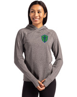 Seattle Sounders FC Cutter & Buck Adapt Knit Recycled Womens Heathered Hooded Pullover Black Heather Front