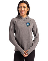 Charlotte FC Cutter & Buck Adapt Knit Recycled Womens Heathered Hooded Pullover Black Heather Front