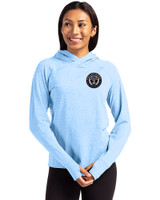Philadelphia Union Cutter & Buck Adapt Knit Recycled Womens Heathered Hooded Pullover Atlas Heather Front