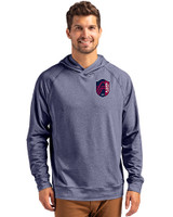 St. Louis City SC Cutter & Buck Adapt Knit Recycled Mens Heathered Hooded Pullover Navy Blue Heather Front