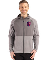 St. Louis City SC Cutter & Buck Peshastin Recycled Grid Fleece Mens Hybrid Hooded Full Zip Jacket Elemental Grey Heather Front