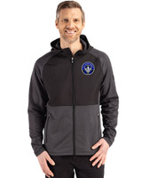 CF Montréal Cutter & Buck Peshastin Recycled Grid Fleece Mens Hybrid Hooded Full Zip Jacket Black Heather Front