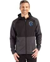 Sporting Kansas City Cutter & Buck Peshastin Recycled Grid Fleece Mens Hybrid Hooded Full Zip Jacket Black Heather Front
