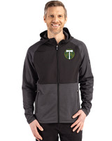 Portland Timbers Cutter & Buck Peshastin Recycled Grid Fleece Mens Hybrid Hooded Full Zip Jacket Black Heather Front