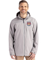 New York Red Bulls Cutter & Buck Camano Everyday Stretch Recycled Mens Water Resistant Jacket Polished Medium Gray Front