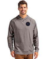 NY Mets City Connect Cutter & Buck Adapt Knit Recycled Mens Heathered Hooded Pullover Black Heather Front