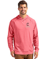 Cleveland Guardians City Connect Cutter & Buck Adapt Knit Recycled Mens Heathered Hooded Pullover Cardinal Red Heather Front