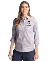 Cleveland Guardians City Connect Cutter & Buck Stretch Oxford Stripe Womens Long Sleeve Dress Shirt Charcoal Front