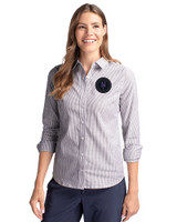 NY Mets City Connect Cutter & Buck Stretch Oxford Stripe Womens Long Sleeve Dress Shirt Charcoal Front